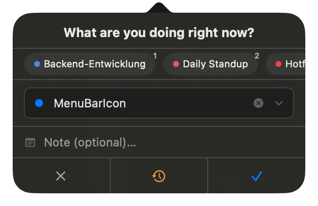 Prompt-Popover mit Überschrift, Pinned-Quick-Picks, Combobox, Notizfeld und Aktionsleiste