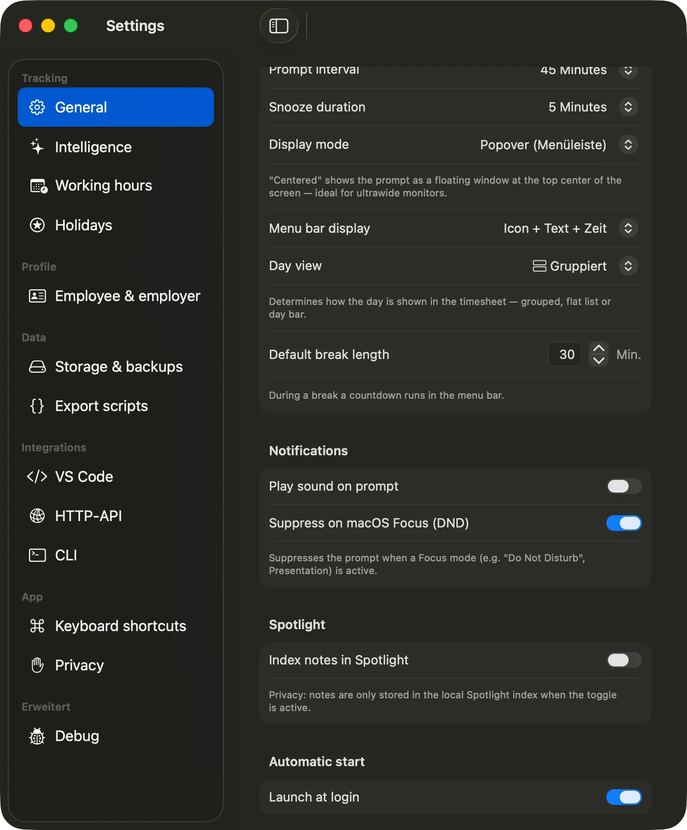 Einstellungen, Allgemein-Tab mit Tracking, Benachrichtigungen, Spotlight und Automatischer Start