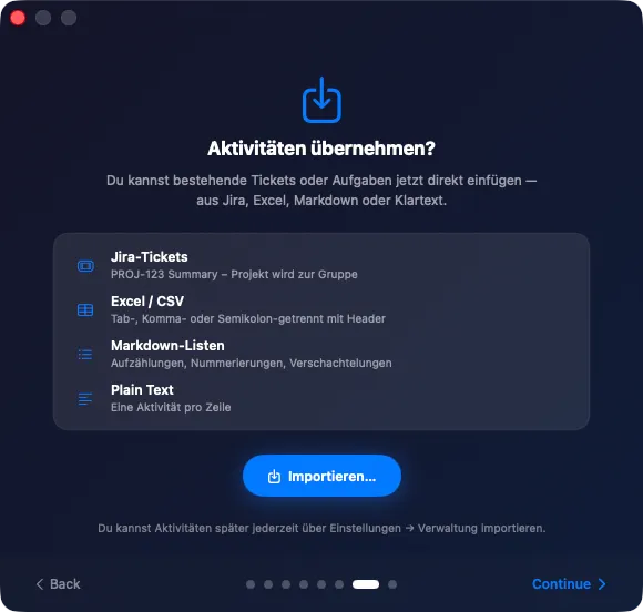 Import bestehender Aktivitäten aus Jira, Excel, Markdown oder Plain Text
